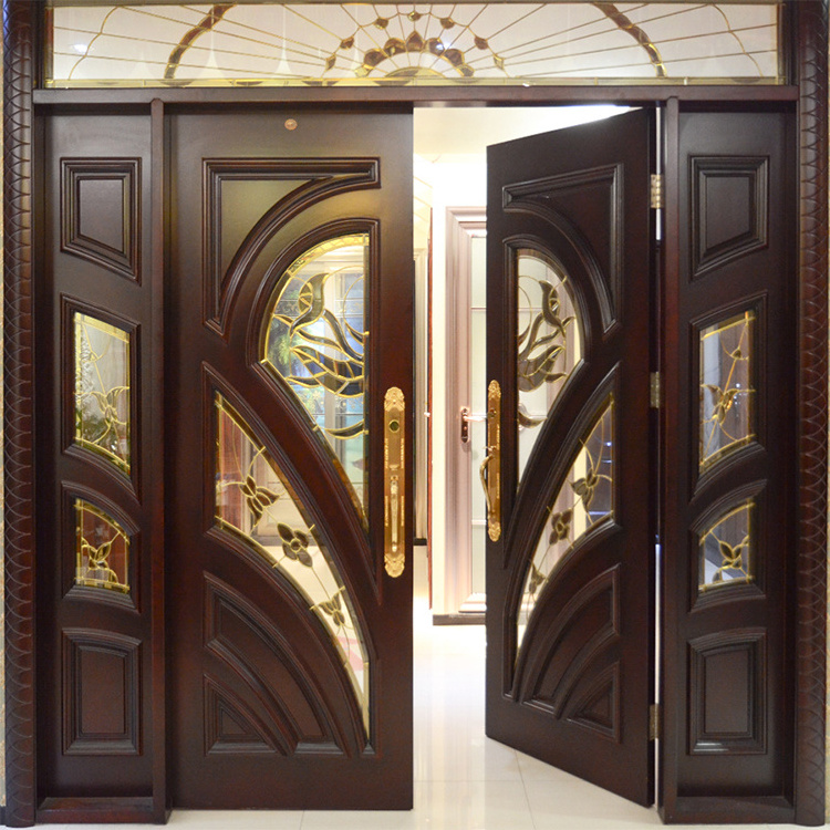 House villa modern solid core wooden front entry doors custom veneer solid wood main entrance door with fixed glass fanlight