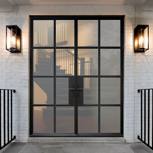 Custom outdoor main entrance metal door french style exterior front entry black color double leaf steel frame and glass doors