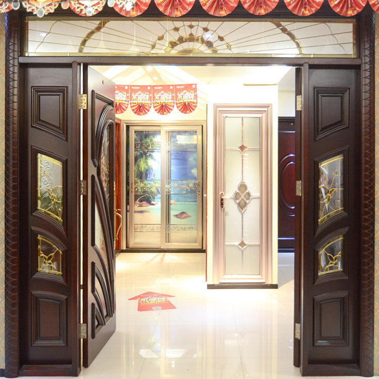 House villa modern solid core wooden front entry doors custom veneer solid wood main entrance door with fixed glass fanlight