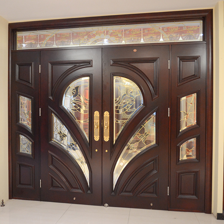 House villa modern solid core wooden front entry doors custom veneer solid wood main entrance door with fixed glass fanlight