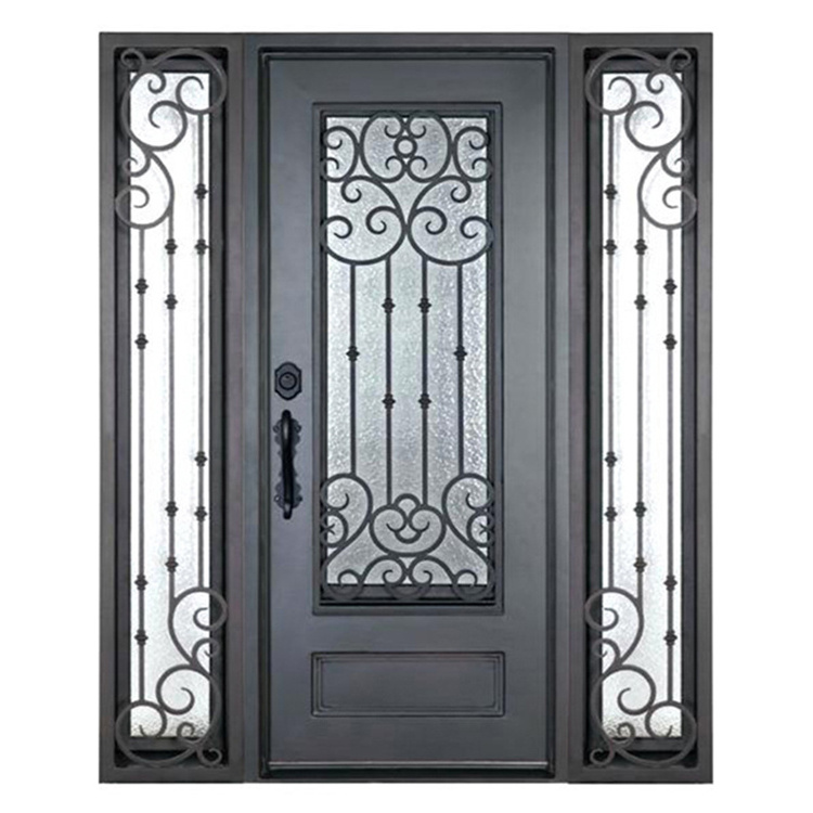 Factory prices luxury metal main entrance doors exterior single wrought iron front entry gate door with glass opening window