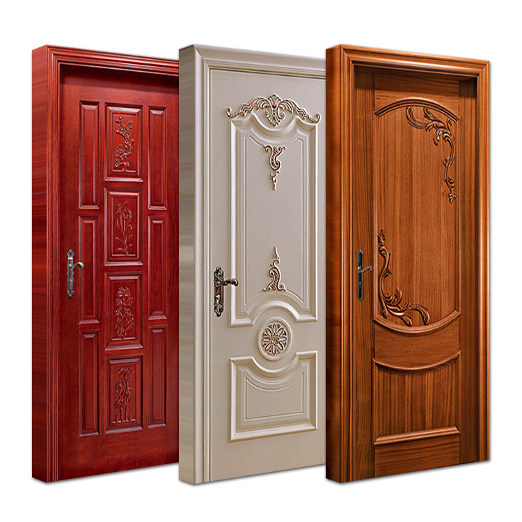 House villa home interior room acoustic hdf wooden swinging door modern carving flowers oak solid wood doors with lock set