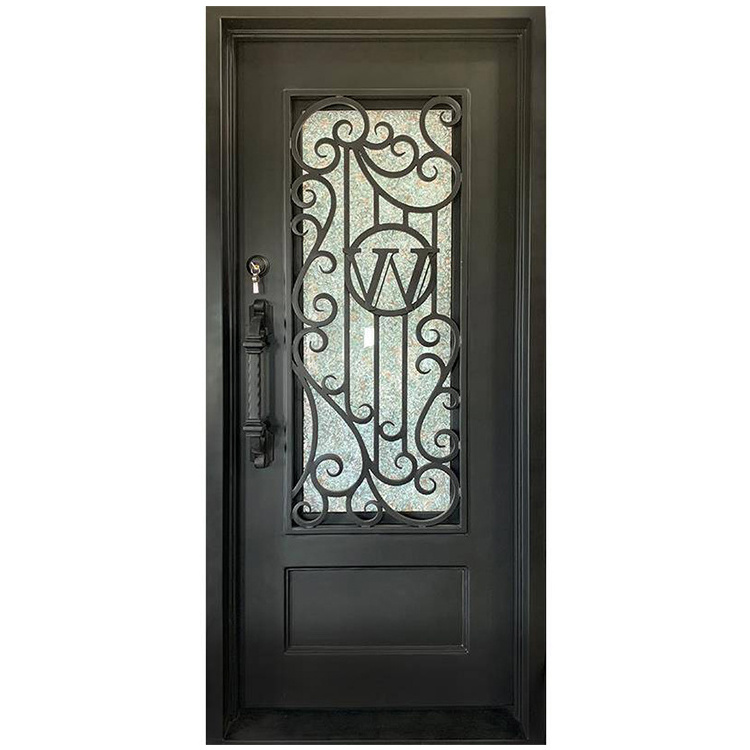 Factory prices luxury metal main entrance doors exterior single wrought iron front entry gate door with glass opening window