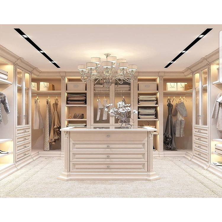 Custom luxury wall walkin wardrobe closets systems set designs modern home hotel bedroom white walk in closet with center island