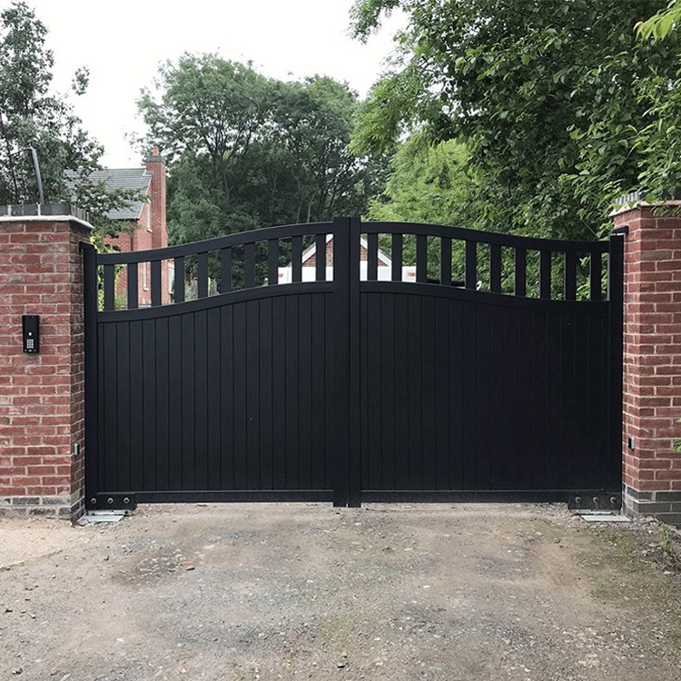 Exterior entrance metal aluminium alloy fence and gates design outdoor automatic aluminum profile slat double swing entry gate