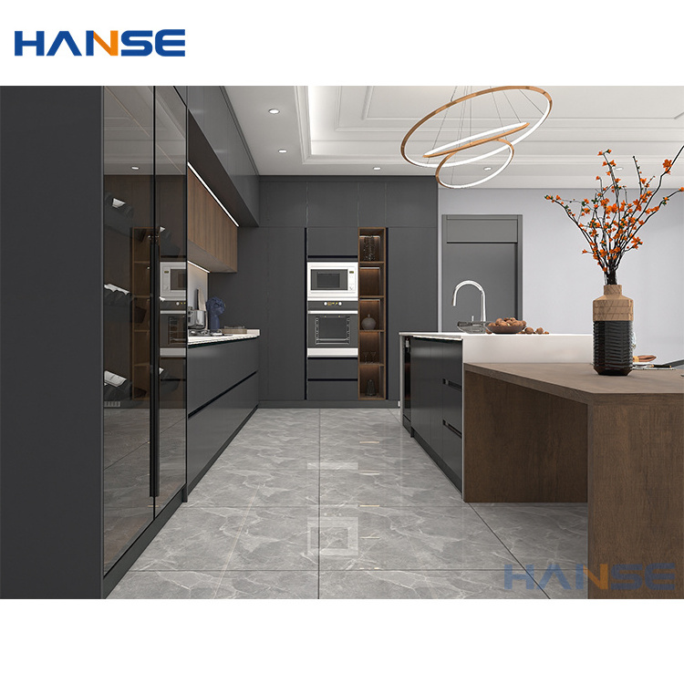 Latest designs complete set dark gray color mdf wood cabinets furniture modern style grey matte finish lacquer kitchen cabinet