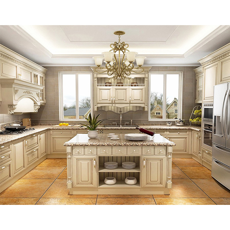 Made in china home apartment island pantry cabinets furniture design luxurious solid wood kitchen unit cabinet with marble top