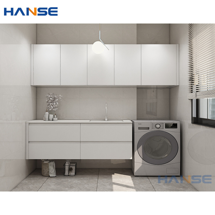 Customized bathroom laundry wood storage cabinets modern laundry room white pvc mdf wooden storage cabinet set design