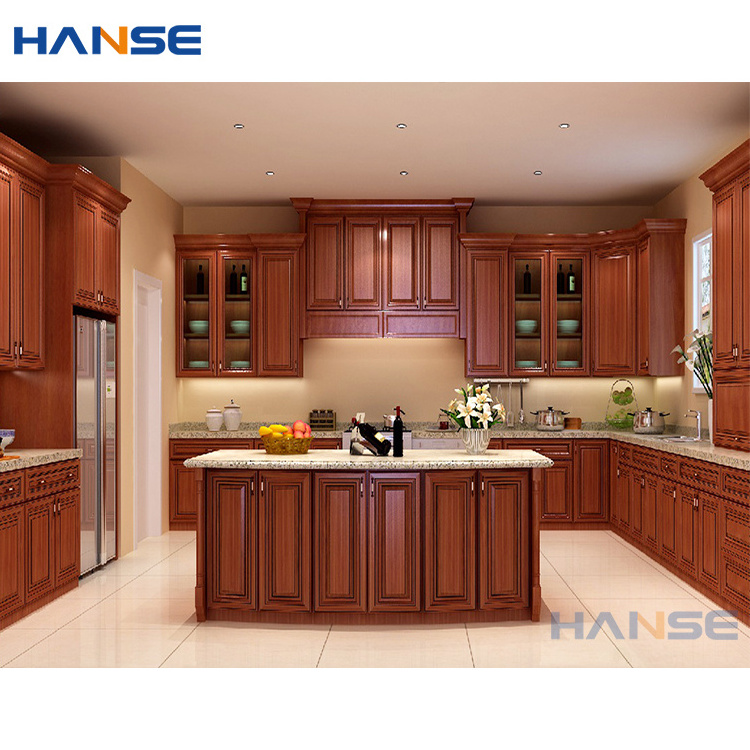 Foshan furniture manufacturers european style cabinets set pre assembled mahogany wooden kitchen cabinet with appliances