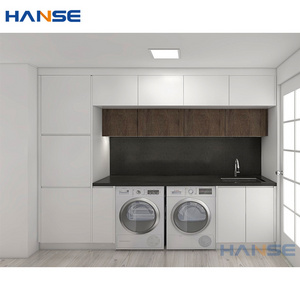 Customized bathroom laundry wood storage cabinets modern laundry room white pvc mdf wooden storage cabinet set design