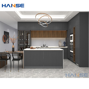 Latest designs complete set dark gray color mdf wood cabinets furniture modern style grey matte finish lacquer kitchen cabinet