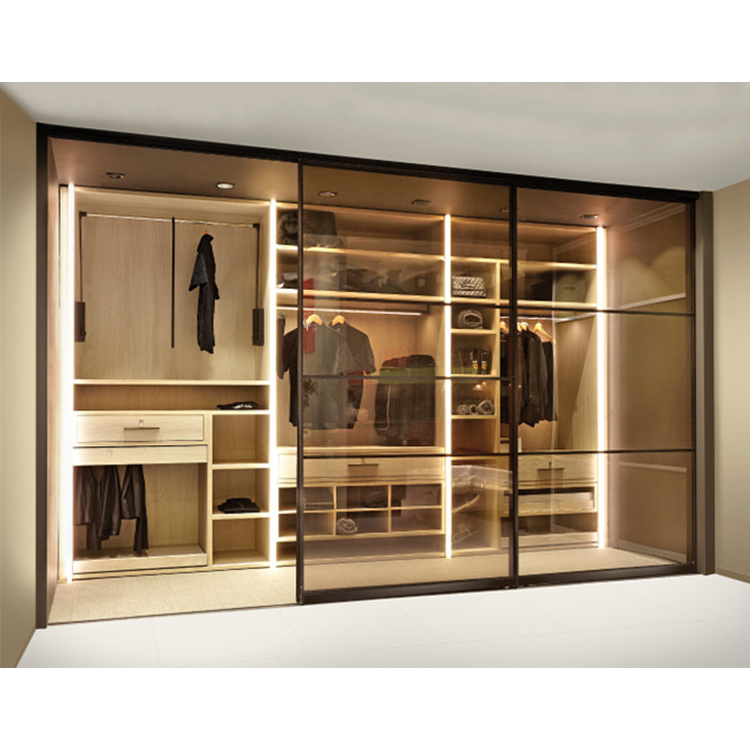 Custom dressing room open style wood walkin wardrobe cabinet system set modern bedroom sliding mirror door walking closet design