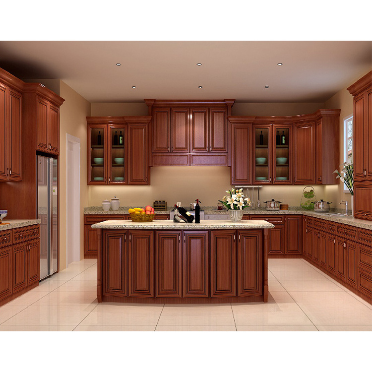 China foshan readymade complete set hanging cabinet designs european style luxury cherry solid wood kitchen cabinets with island