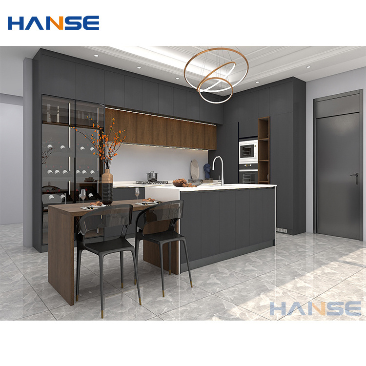 Latest designs complete set dark gray color mdf wood cabinets furniture modern style grey matte finish lacquer kitchen cabinet