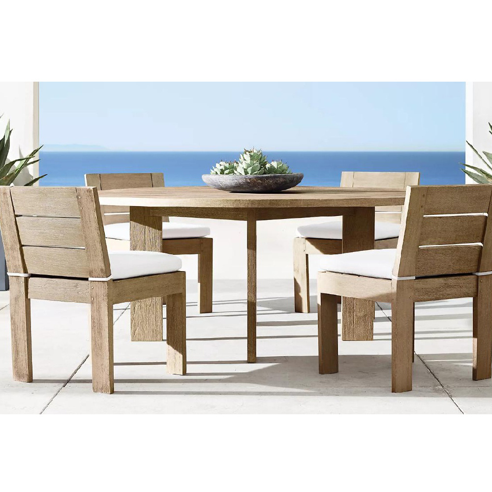 Malaysian Solid Natural Wood round Dining Table Sets Outdoor Patio Furniture with Aluminum Frame