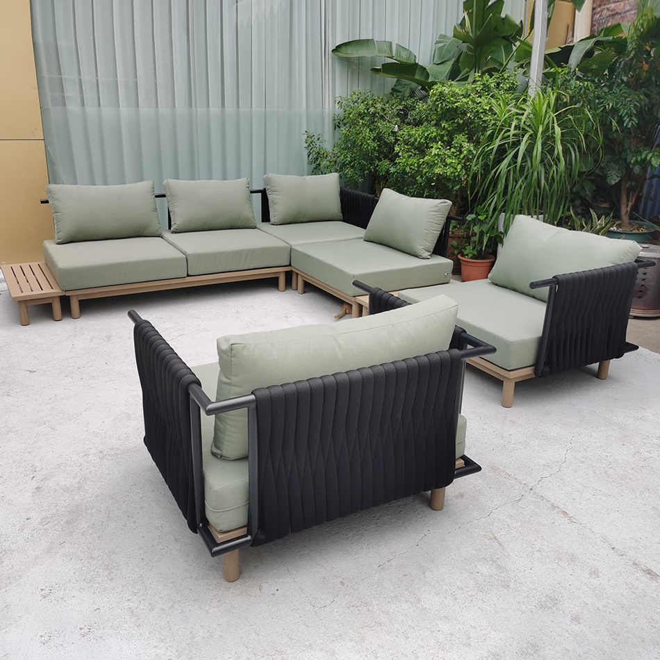 Indonesian Resort Project Outdoor Furniture 2-Seater Garden Lounge Floor Sofa Set in Teak and Rattan for Hotels and Patios