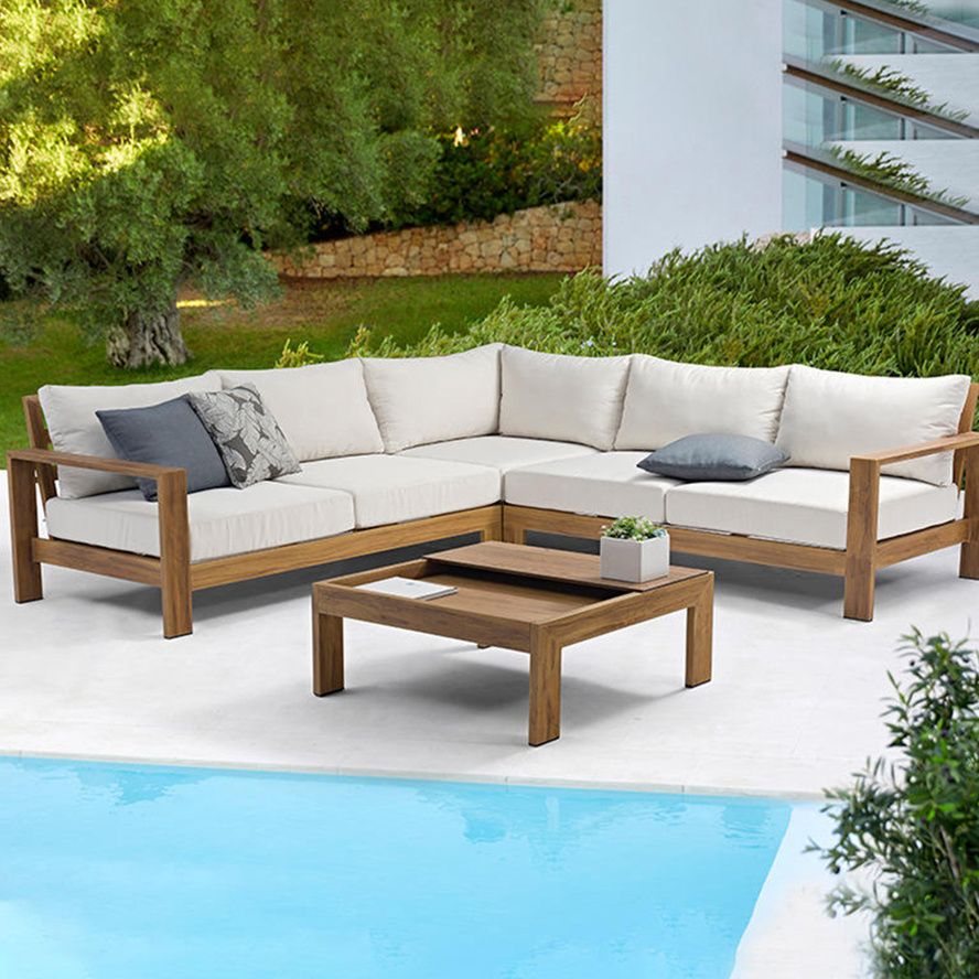 Promotion sale ready to ship retro scandinavian sofa set garden fire teak sectional patio wood outdoor garden furniture