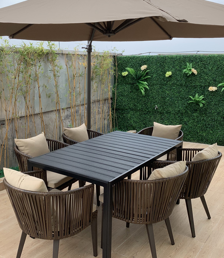 outdoor picnic patio dining steel table and 6 stack-able chairs garden bistro furniture set with umbrella