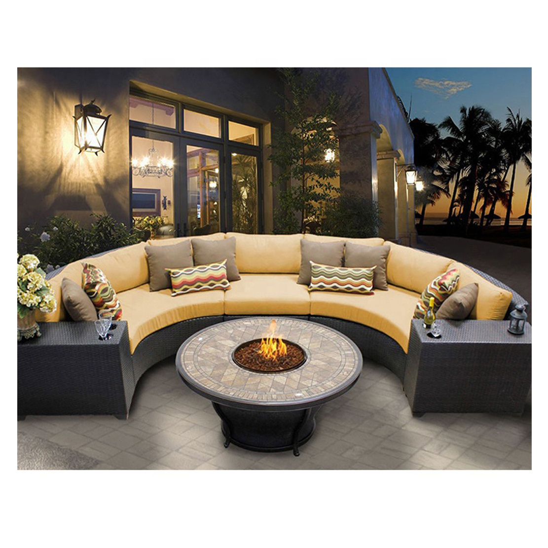 guangzhou classy cafe patio outdoor furniture set high end curved garden round sectional rattan sofa set with fire pit