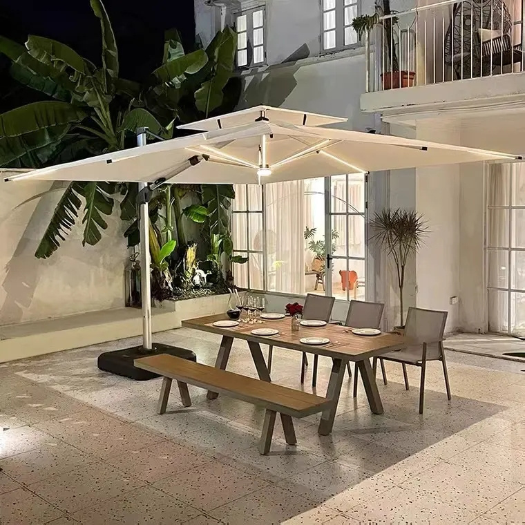 solar power striped beach patio led light umbrella with led lights for swimming pool restaurant outdoor furniture