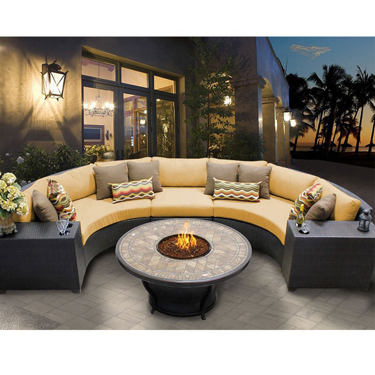 guangzhou classy cafe patio outdoor furniture set high end curved garden round sectional rattan sofa set with fire pit