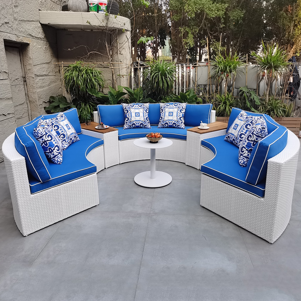 guangzhou classy cafe patio outdoor furniture set high end curved garden round sectional rattan sofa set with fire pit