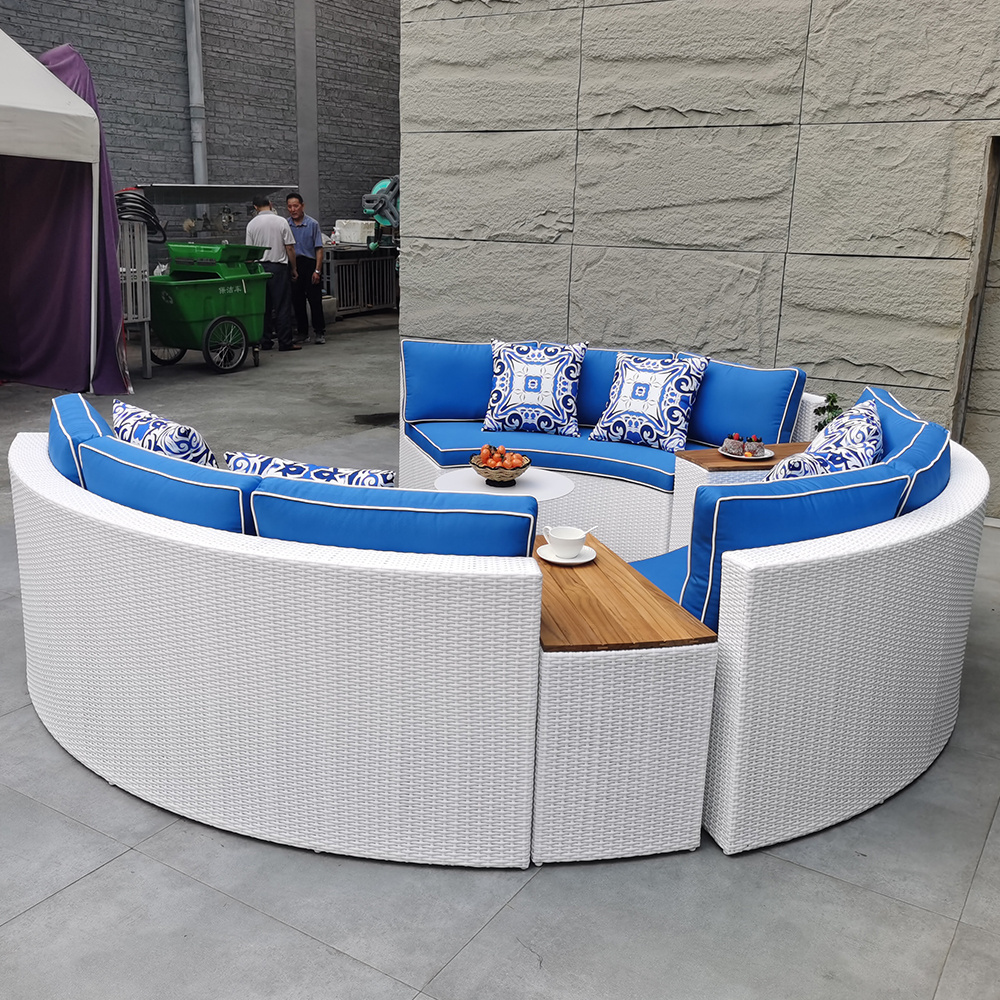 guangzhou classy cafe patio outdoor furniture set high end curved garden round sectional rattan sofa set with fire pit