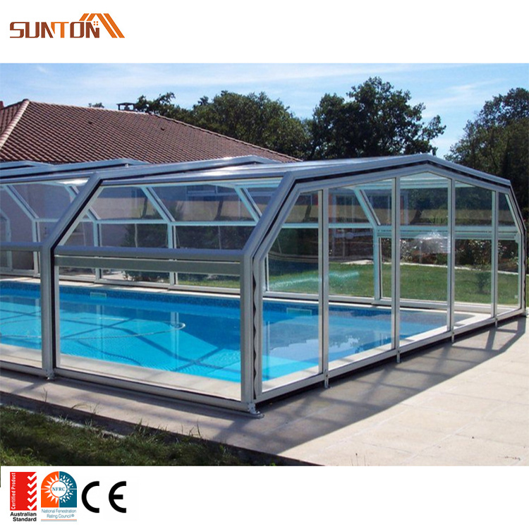 Modern house aluminum glass sliding cover pool sun room swimming pool retractable glass electric enclosure sunroom for sale