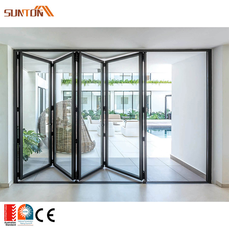 Custom exterior patio sound proof sliding foldable doors design modern outdoor black aluminum low-e glass multi folding door