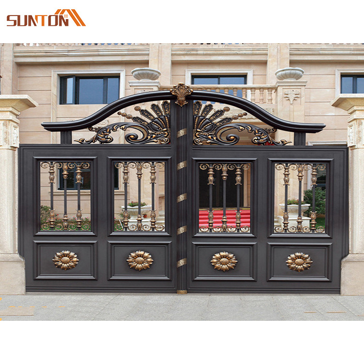 Automatic garden yard metal front security fence gates door design luxury arch aluminum art courtyard entrance sliding gate