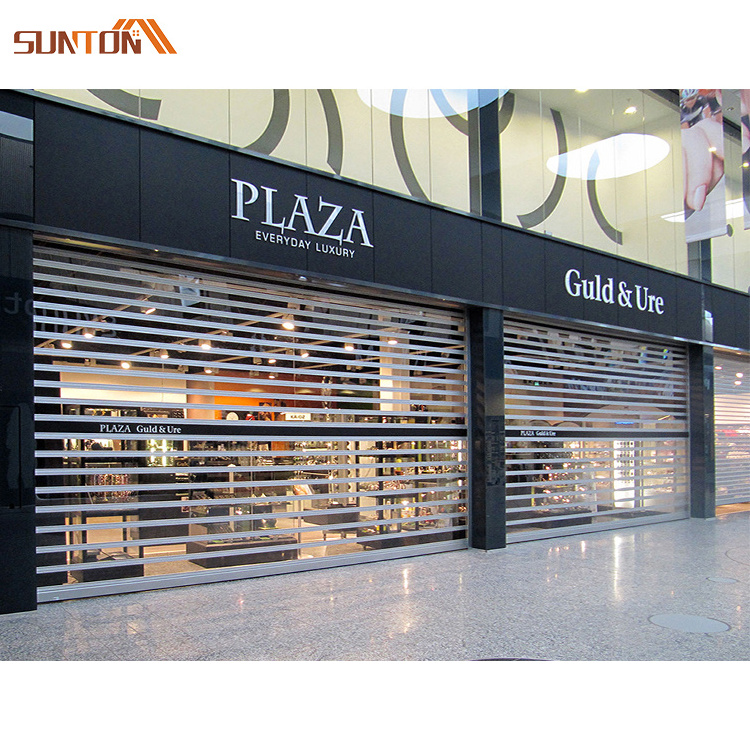 Modern supermarket shop electric roll up doors design custom aluminum frame clear polycarbonate transparent roller shutter door