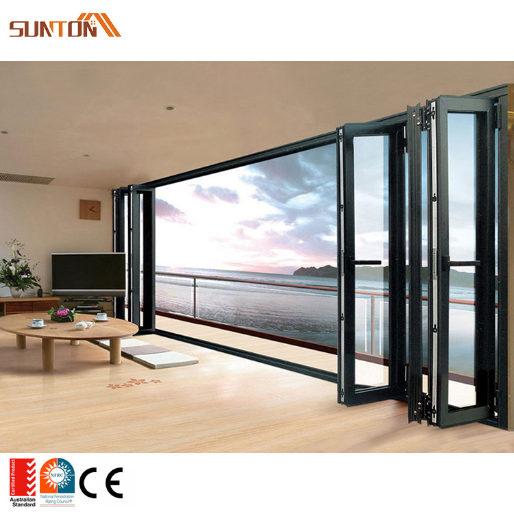 Custom exterior patio sound proof sliding foldable doors design modern outdoor black aluminum low-e glass multi folding door