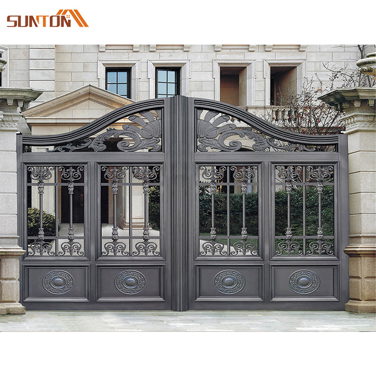 Automatic garden yard metal front security fence gates door design luxury arch aluminum art courtyard entrance sliding gate