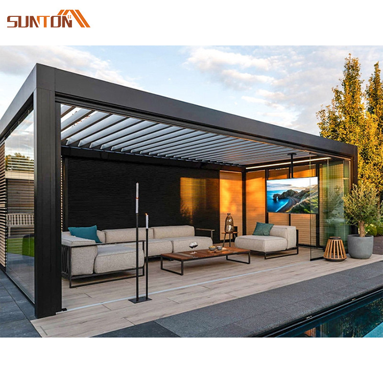 Modern motorized aluminum louver bioclimatic pergolas systems outdoor electric automatic aluminium louvered roof pergola kits