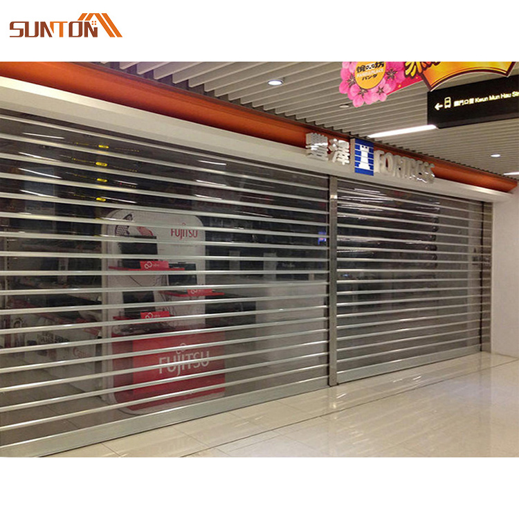 Modern supermarket shop electric roll up doors design custom aluminum frame clear polycarbonate transparent roller shutter door