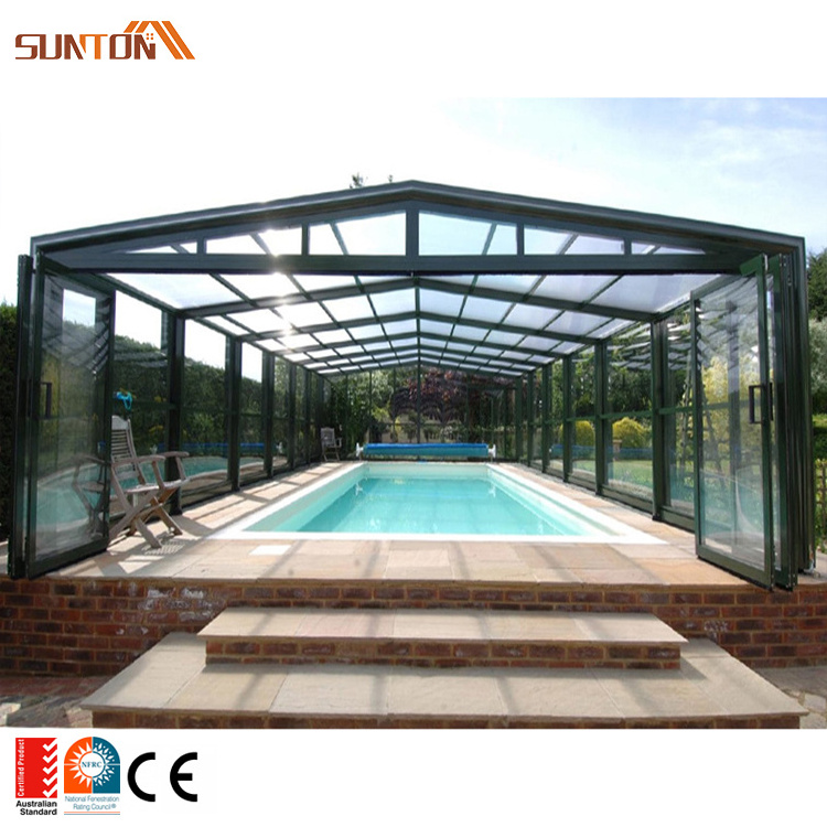 Modern house aluminum glass sliding cover pool sun room swimming pool retractable glass electric enclosure sunroom for sale