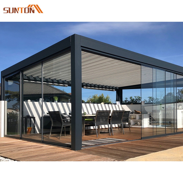 Modern motorized aluminum louver bioclimatic pergolas systems outdoor electric automatic aluminium louvered roof pergola kits