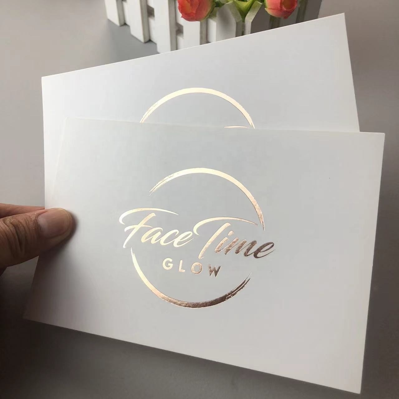 Customized rose gold foil personalize cards embossed led thank you white card for small business