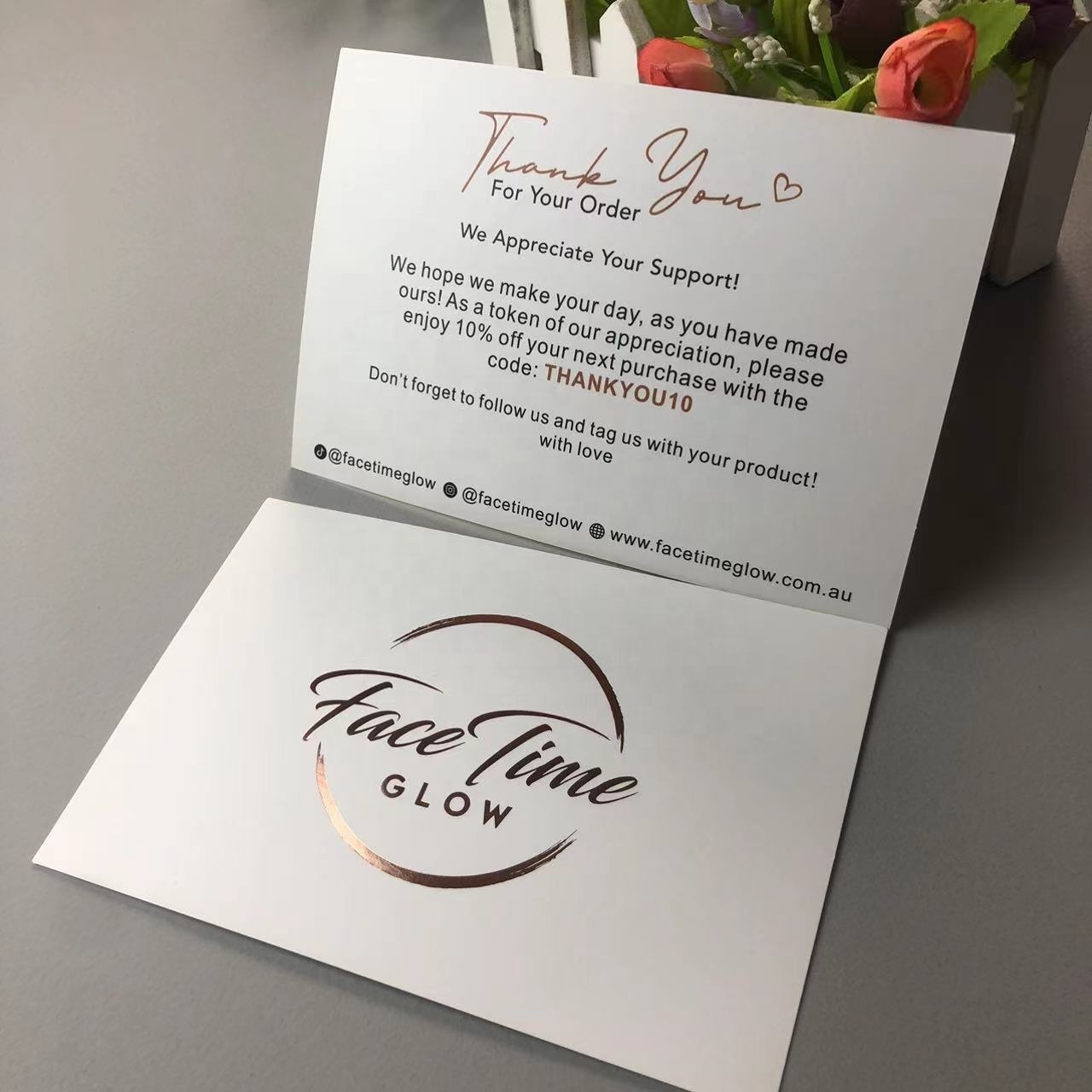 Customized rose gold foil personalize cards embossed led thank you white card for small business