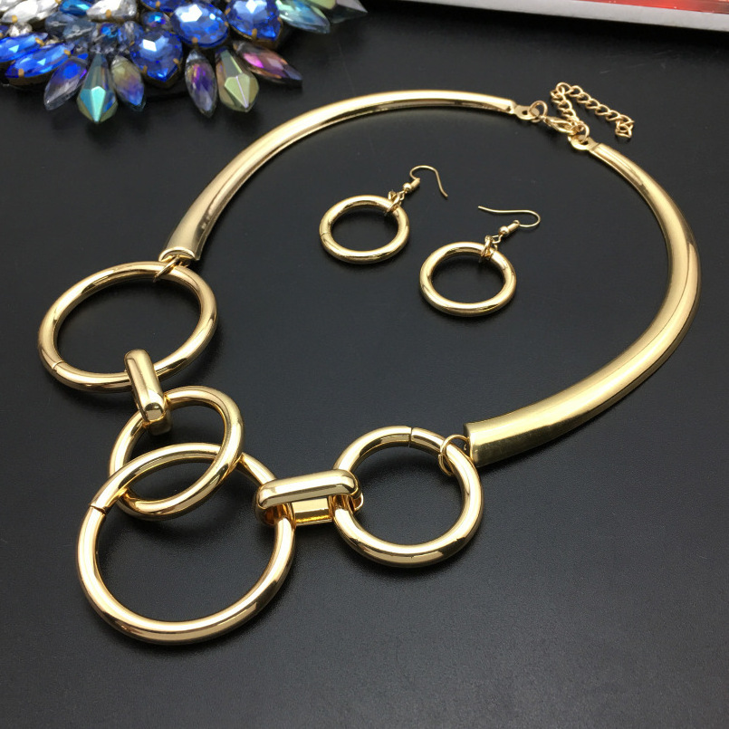 Punk Thick Circular Metal String Jewelry Sets Necklace Earrings Women Statement Torques African Jewelry Sets Wholesale