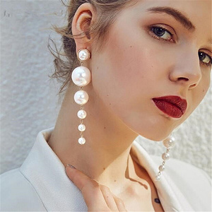 Trendy Elegant Created Big Simulated Pearl Long Earrings Pearls String Statement Drop Earrings For Wedding Party