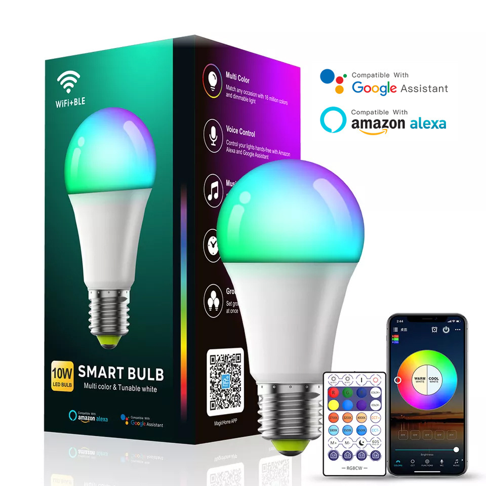 HSX Smart Life WiFi 9W 10W Smart light bulb support  Alexa and Google Home Voice-controlled RGB CW Dimming E27 E26 Bulb