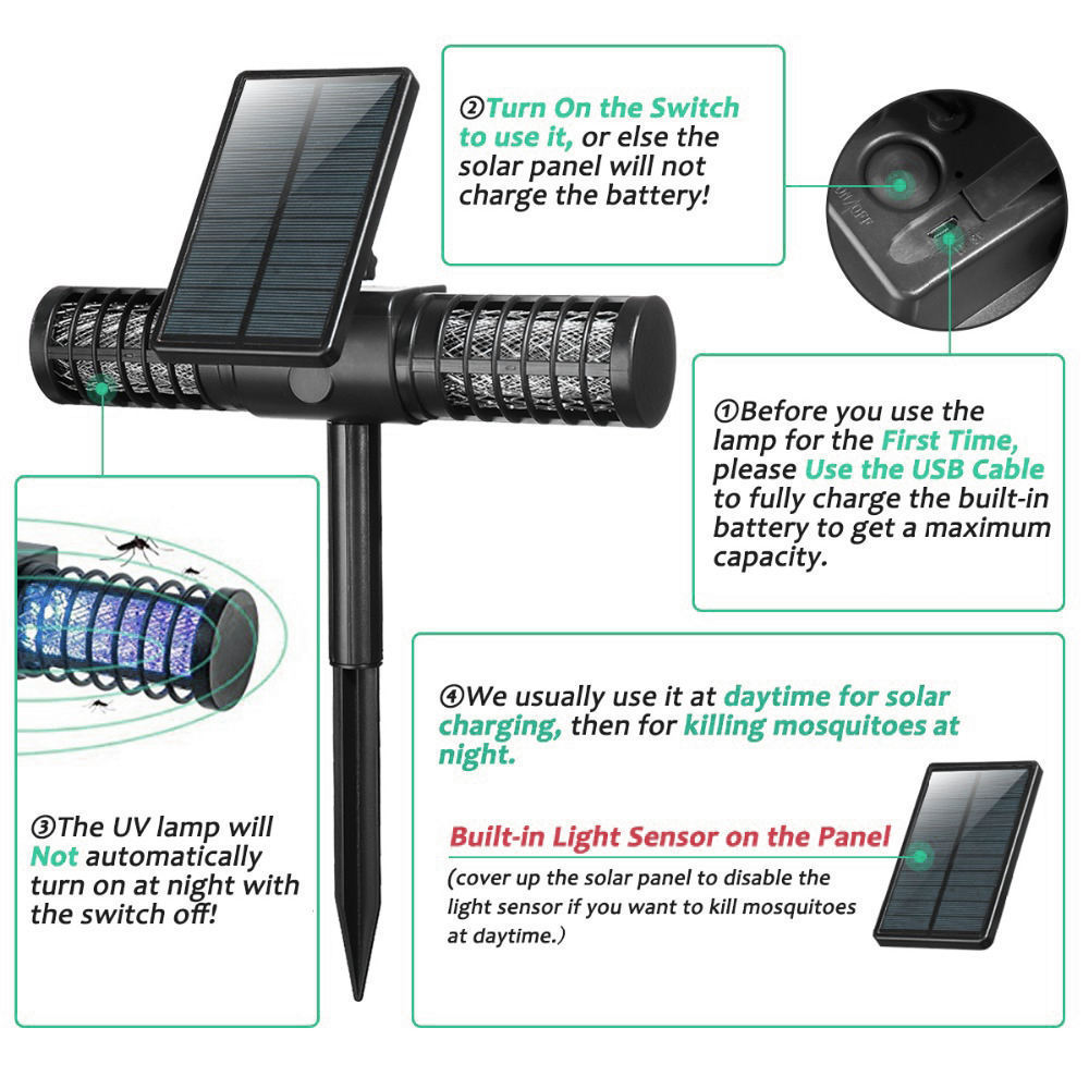 HSX OEM Factory Solar Powered solar bug zappers Lamp with Double Head Outdoor Lawn Mosquito Repellent for outdoor bug zappe