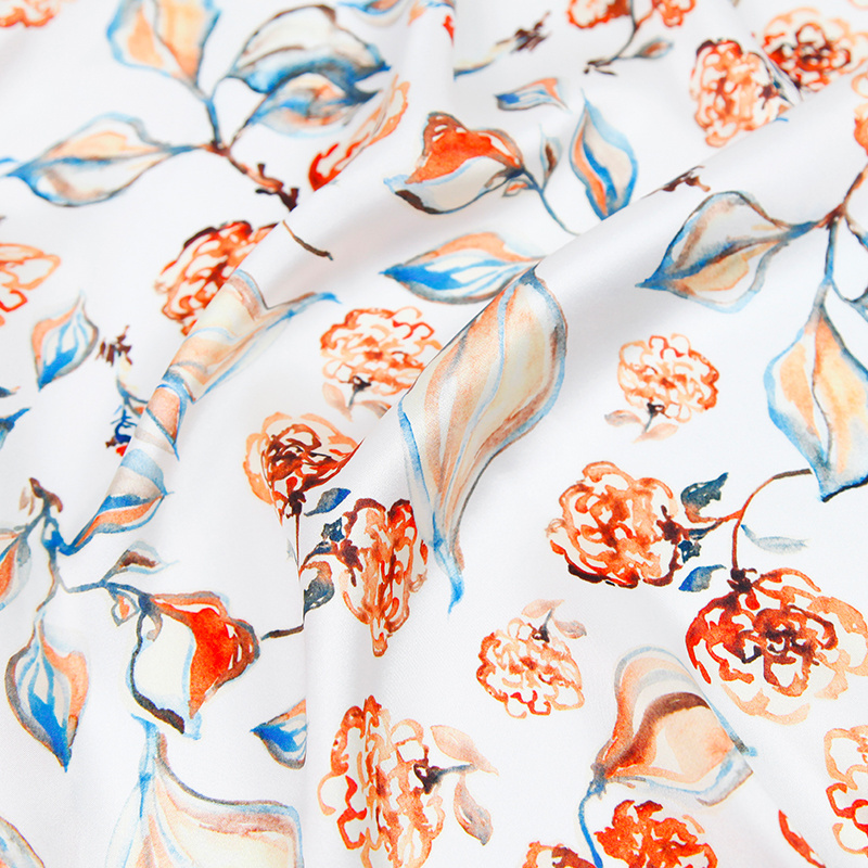 Eco-friendly Italian design woven silk satin skin-friendly orange big flower printed for women clothing