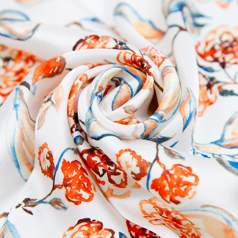 Eco-friendly Italian design woven silk satin skin-friendly orange big flower printed for women clothing