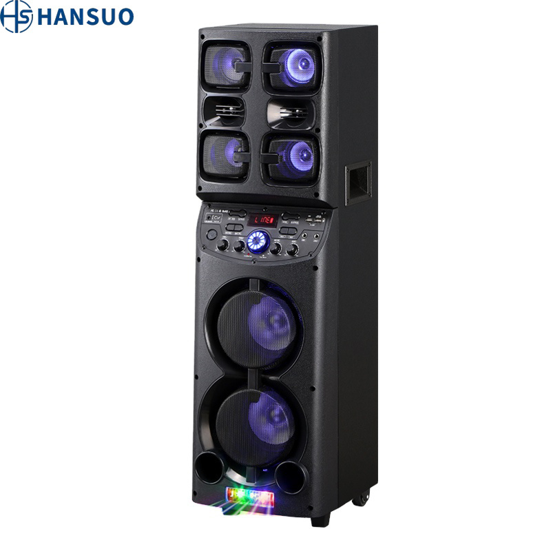 HANSUO In Stock New model double 6.5 inch BT portable trolley speaker high power speaker with LED karaoke player light HS-TD0655