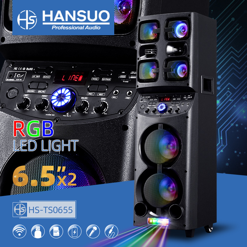 HANSUO In Stock New model double 6.5 inch BT portable trolley speaker high power speaker with LED karaoke player light HS-TD0655