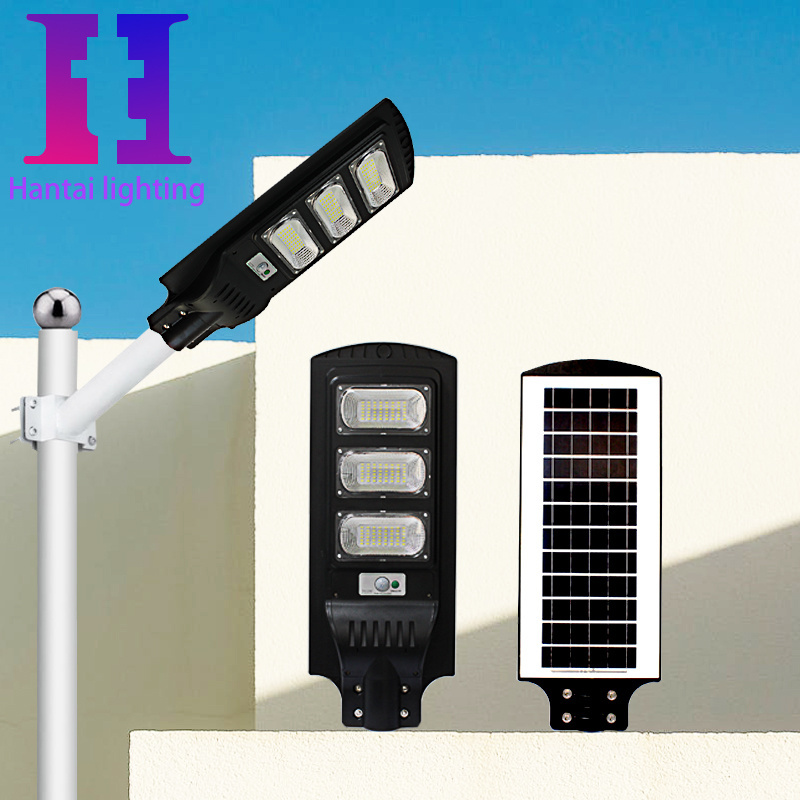 High Quality 100W 200W 300W All-in-One Human Motion Sensing LED Solar Street Light Warm White IP66/67 Road DC Battery Power