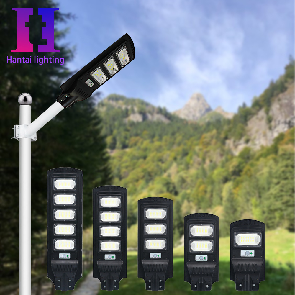 High Quality 100W 200W 300W All-in-One Human Motion Sensing LED Solar Street Light Warm White IP66/67 Road DC Battery Power