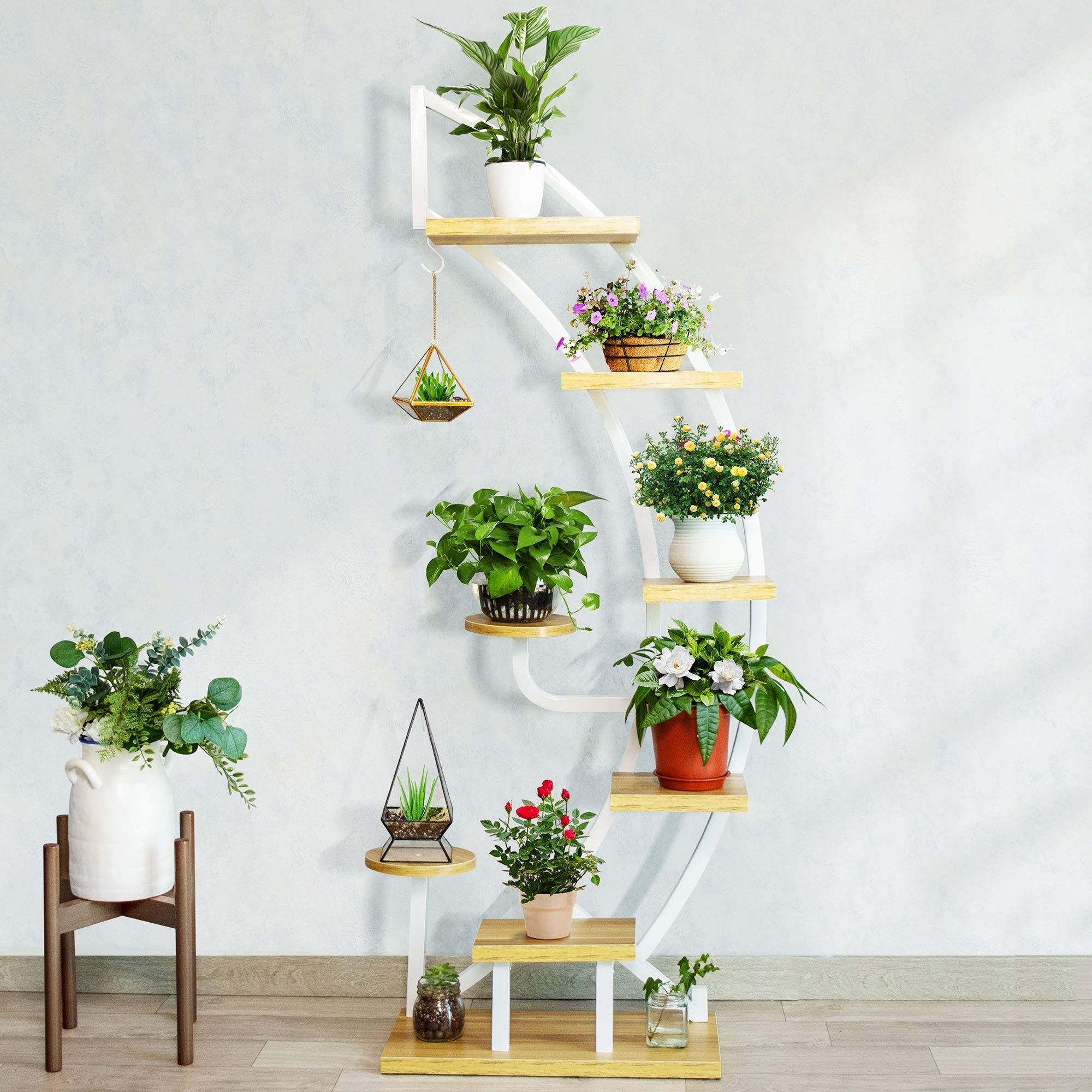 Curved Flower Pot displayracks Holder Shelf for Indoor Outdoor 6 Tier 9 Potted Steel-Wood flower Plant Stand with Hanger